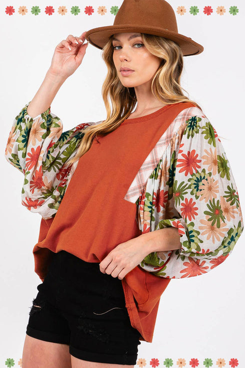 Floral Patchwork Round Neck Puff Sleeve Blouse