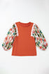 Floral Patchwork Round Neck Puff Sleeve Blouse