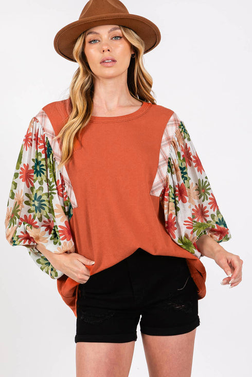 Floral Patchwork Round Neck Puff Sleeve Blouse