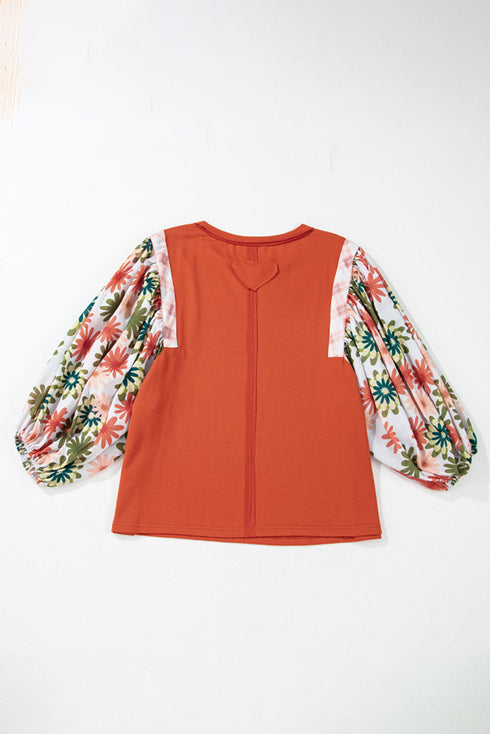 Floral Patchwork Round Neck Puff Sleeve Blouse