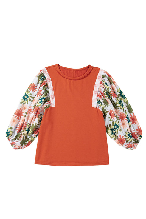 Floral Patchwork Round Neck Puff Sleeve Blouse