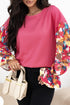Floral Patchwork Ruffled Sleeve Ribbed Knit Drop Shoulder Top