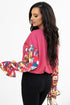 Floral Patchwork Ruffled Sleeve Ribbed Knit Drop Shoulder Top