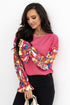 Floral Patchwork Ruffled Sleeve Ribbed Knit Drop Shoulder Top