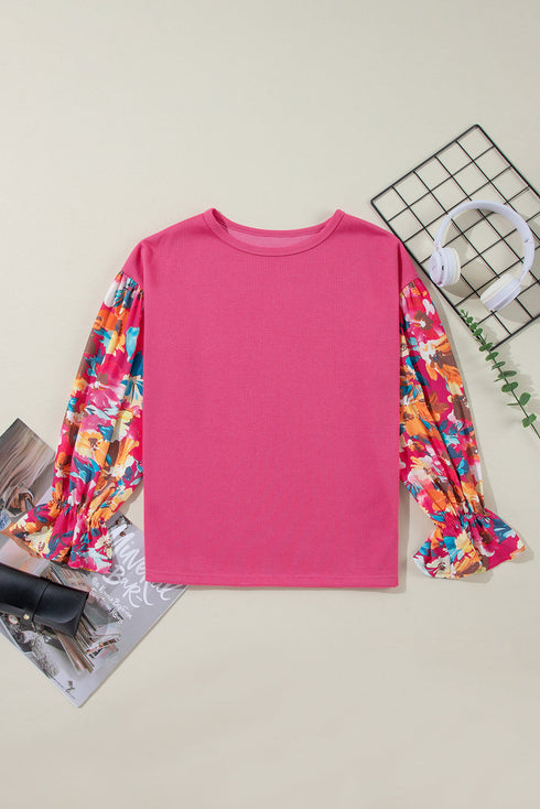 Floral Patchwork Ruffled Sleeve Ribbed Knit Drop Shoulder Top