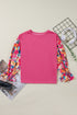 Floral Patchwork Ruffled Sleeve Ribbed Knit Drop Shoulder Top
