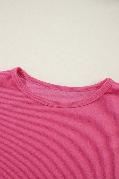 Floral Patchwork Ruffled Sleeve Ribbed Knit Drop Shoulder Top