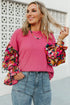 Floral Patchwork Ruffled Sleeve Ribbed Knit Drop Shoulder Top