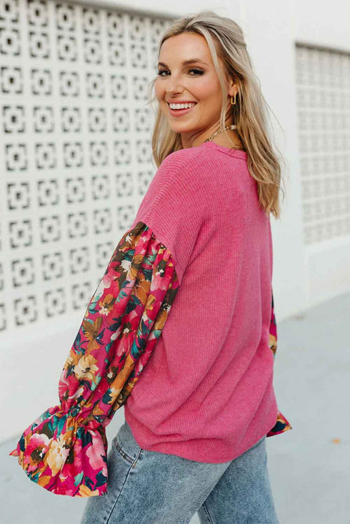 Floral Patchwork Ruffled Sleeve Ribbed Knit Drop Shoulder Top