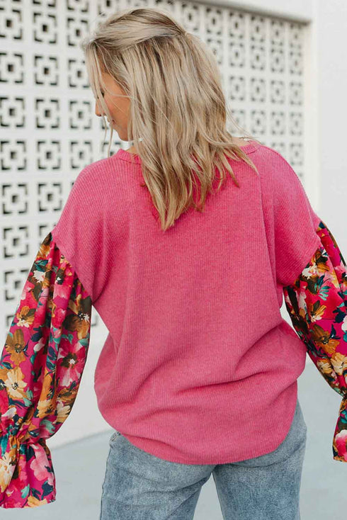 Floral Patchwork Ruffled Sleeve Ribbed Knit Drop Shoulder Top