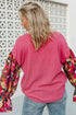 Floral Patchwork Ruffled Sleeve Ribbed Knit Drop Shoulder Top