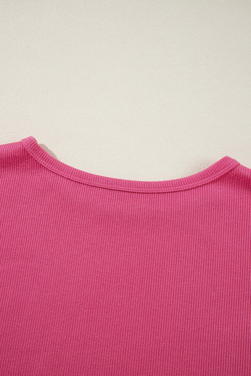 Floral Patchwork Ruffled Sleeve Ribbed Knit Drop Shoulder Top