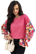 Floral Patchwork Ruffled Sleeve Ribbed Knit Drop Shoulder Top
