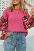 Floral Patchwork Ruffled Sleeve Ribbed Knit Drop Shoulder Top