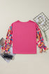 Floral Patchwork Ruffled Sleeve Ribbed Knit Drop Shoulder Top