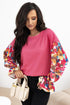 Floral Patchwork Ruffled Sleeve Ribbed Knit Drop Shoulder Top