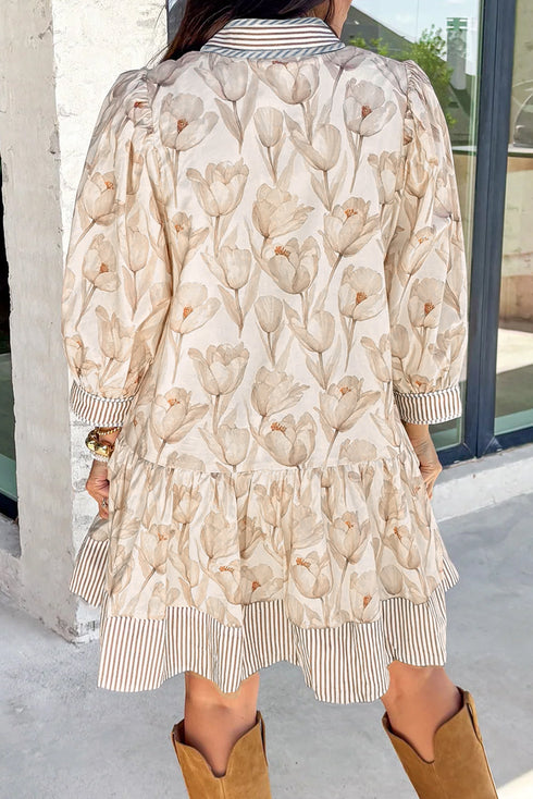 Floral Patchwork Striped Trim Button Down A Line Mini Dress