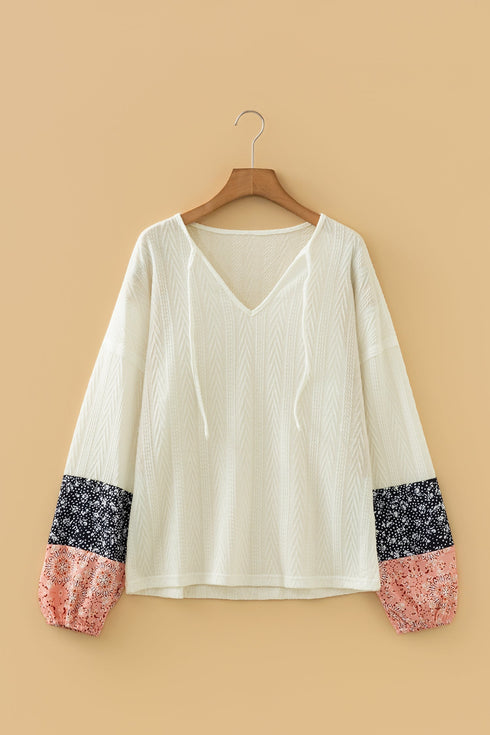 Floral Patchwork Textured Knit Drawstring V Neck Blouse