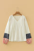 Floral Patchwork Textured Knit Drawstring V Neck Blouse