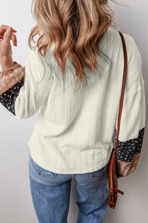 Floral Patchwork Textured Knit Drawstring V Neck Blouse