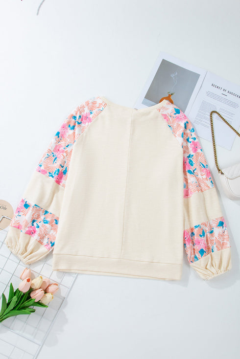 Floral Patchwork Textured Puff Long Sleeve Top