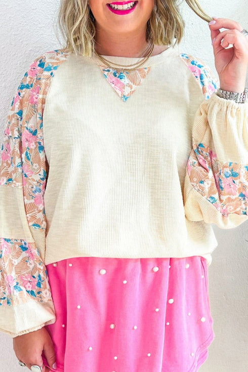 Floral Patchwork Textured Puff Long Sleeve Top