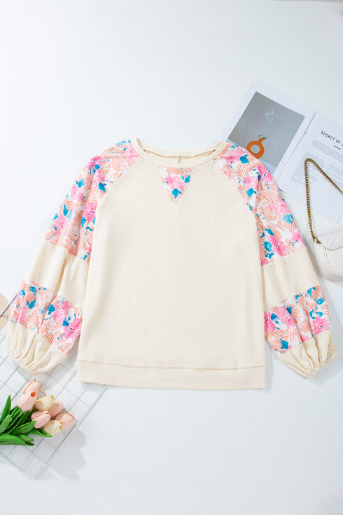 Floral Patchwork Textured Puff Long Sleeve Top