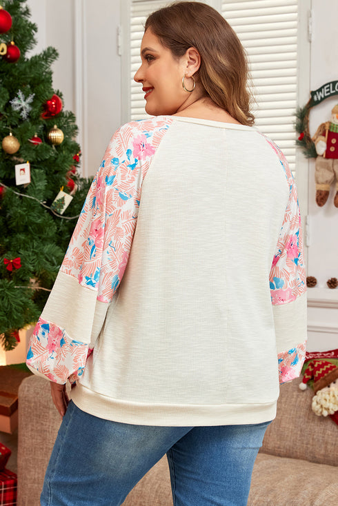 Floral Patchwork Textured Puff Long Sleeve Top