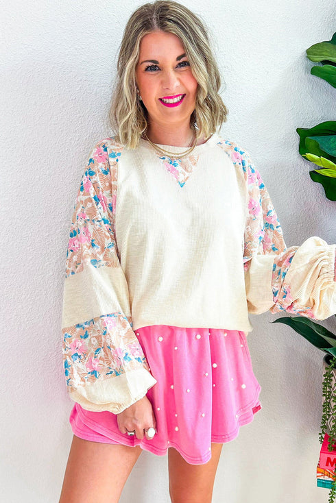 Floral Patchwork Textured Puff Long Sleeve Top