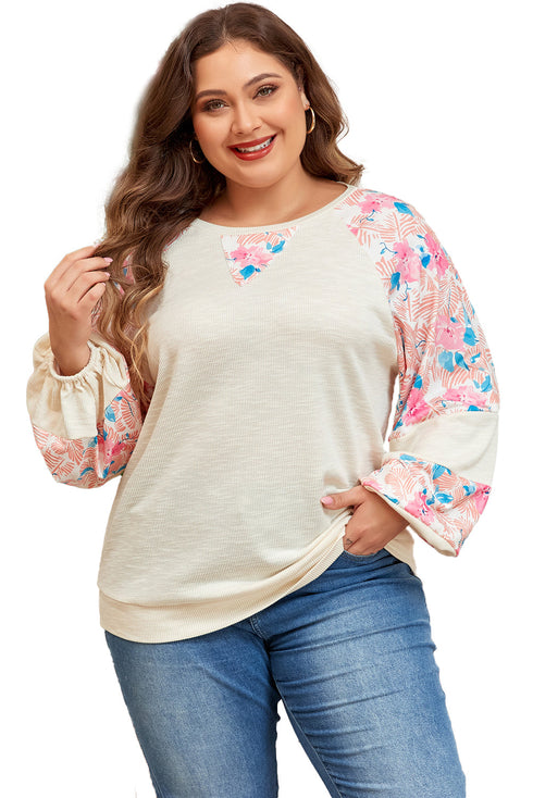Floral Patchwork Textured Puff Long Sleeve Top