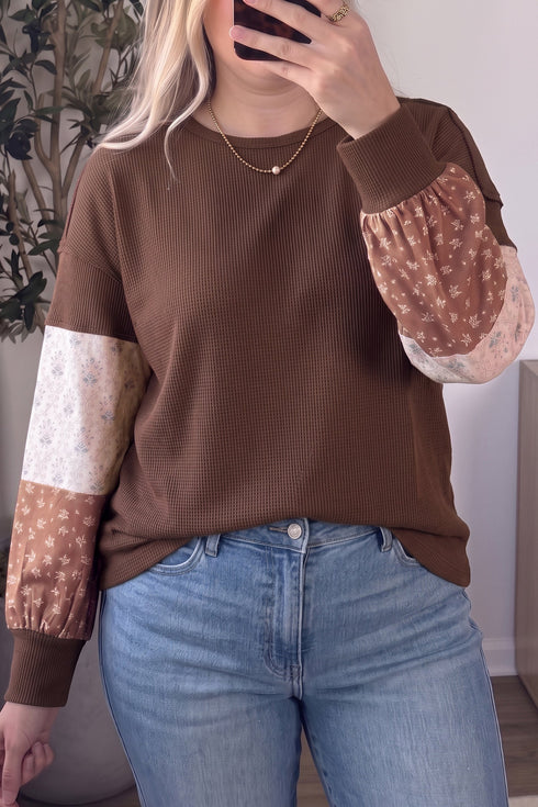 Floral Patchwork Textured Waffle Knit Relaxed Long Sleeve Top