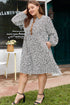 Floral Patchwork V Neck Puff Sleeve Plus Size Mini Dress