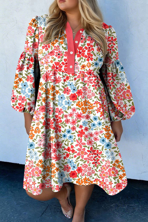 Floral Patchwork V Neck Puff Sleeve Plus Size Mini Dress