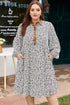 Floral Patchwork V Neck Puff Sleeve Plus Size Mini Dress