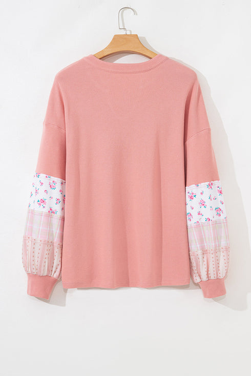 Floral Patchwork Waffle Knit Notched Neck Long Sleeve Top
