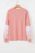 Floral Patchwork Waffle Knit Notched Neck Long Sleeve Top