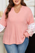 Floral Patchwork Waffle Knit Notched Neck Long Sleeve Top