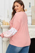Floral Patchwork Waffle Knit Notched Neck Long Sleeve Top