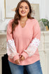 Floral Patchwork Waffle Knit Notched Neck Long Sleeve Top