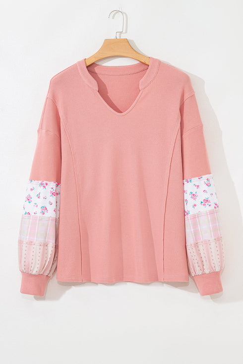 Floral Patchwork Waffle Knit Notched Neck Long Sleeve Top