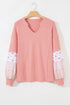 Floral Patchwork Waffle Knit Notched Neck Long Sleeve Top