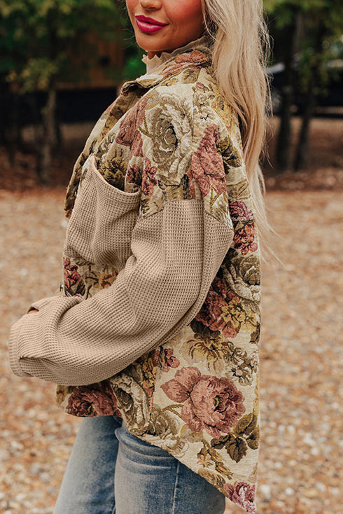 Floral Patchwork Waffle Knit Sleeve Drop Shoulder Button Front Jacket