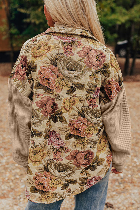 Floral Patchwork Waffle Knit Sleeve Drop Shoulder Button Front Jacket