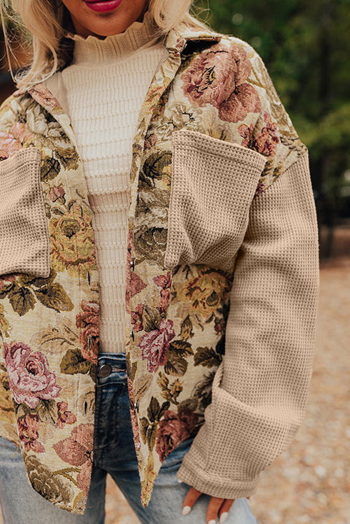 Floral Patchwork Waffle Knit Sleeve Drop Shoulder Button Front Jacket