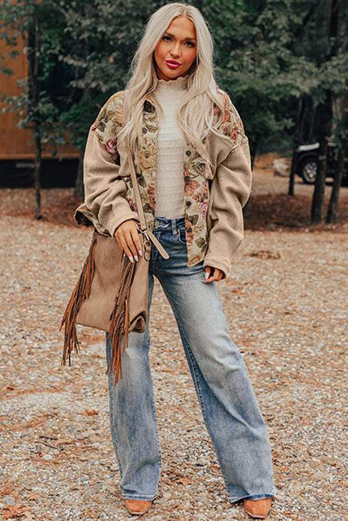 Floral Patchwork Waffle Knit Sleeve Drop Shoulder Button Front Jacket