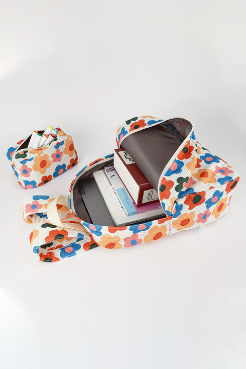 Floral Pattern Corduroy Zippered Daily Travel Backpack