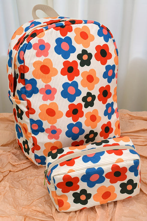 Floral Pattern Corduroy Zippered Daily Travel Backpack