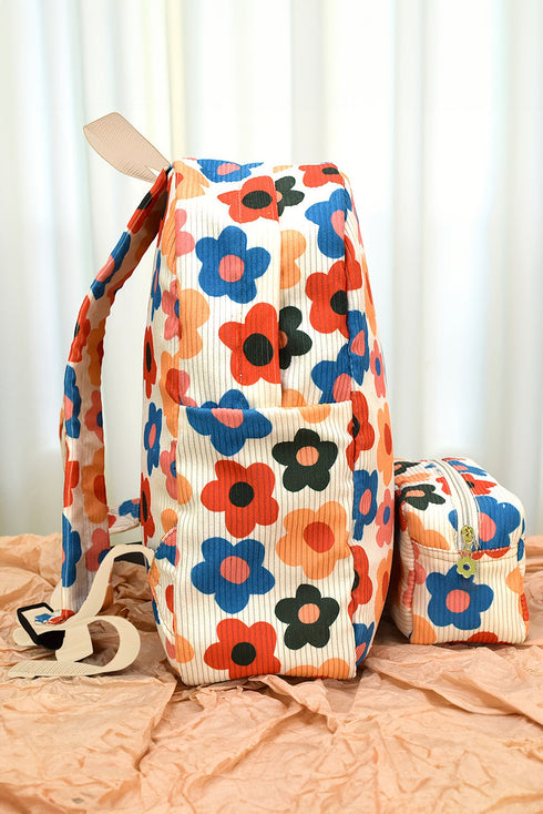Floral Pattern Corduroy Zippered Daily Travel Backpack