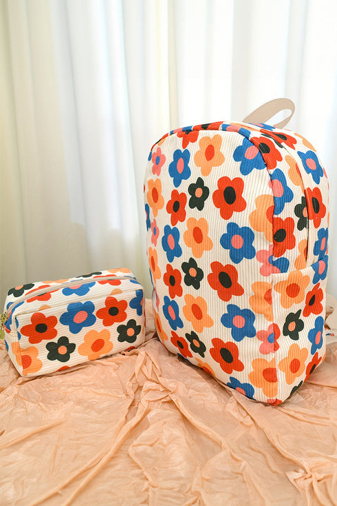 Floral Pattern Corduroy Zippered Daily Travel Backpack