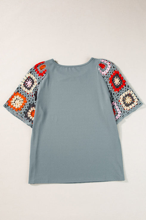 Floral Pattern Crochet Knit Short Sleeve Top
